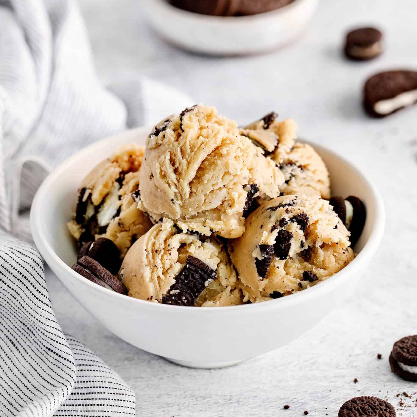 A bowl with scoops of edible Oreo cookie dough