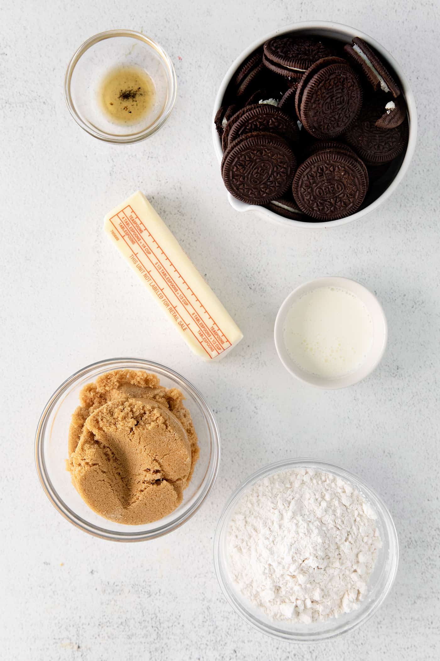 Overhead view of edible cookie dough ingredients