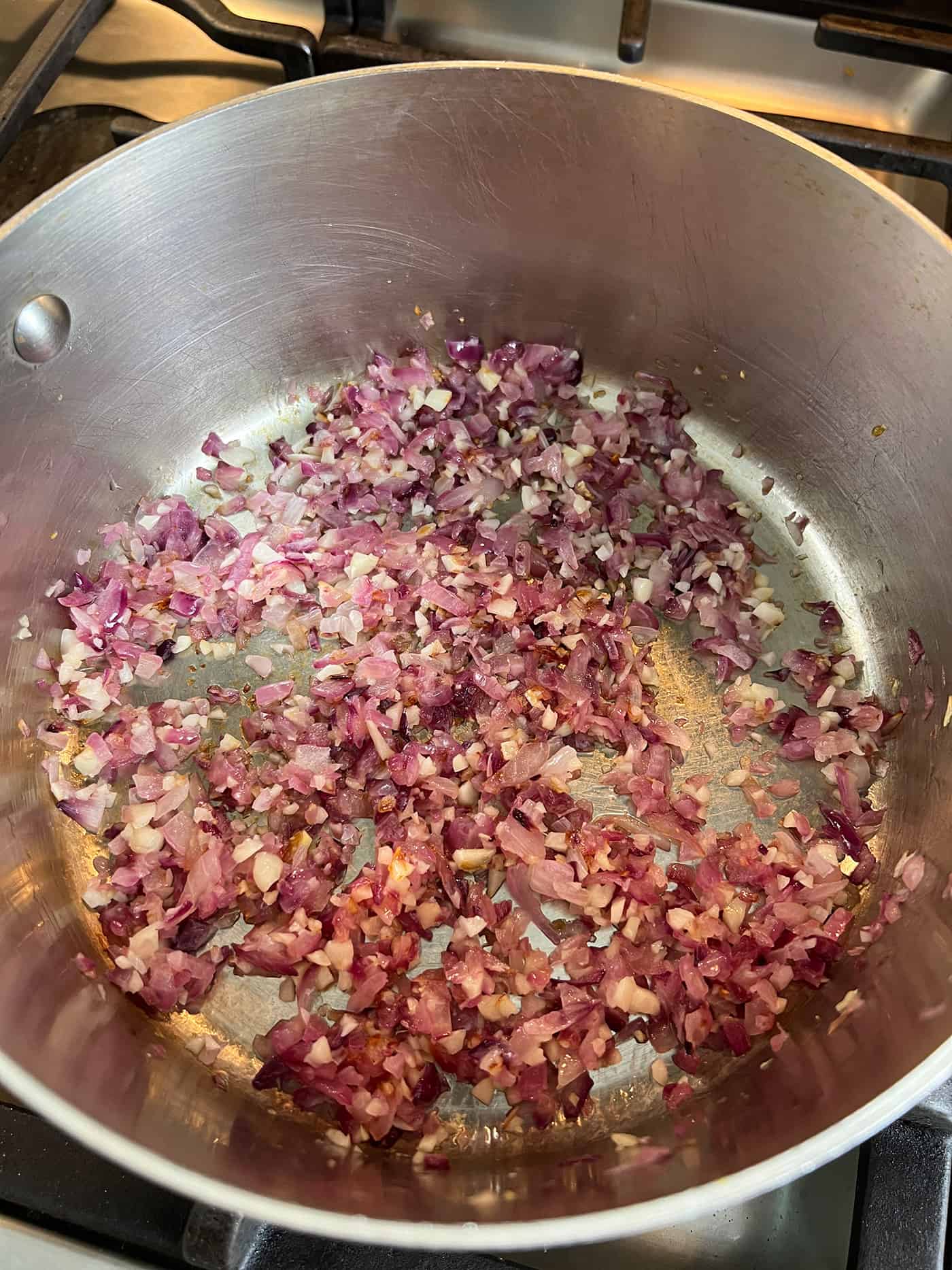 cooking onion and garlic in a pot