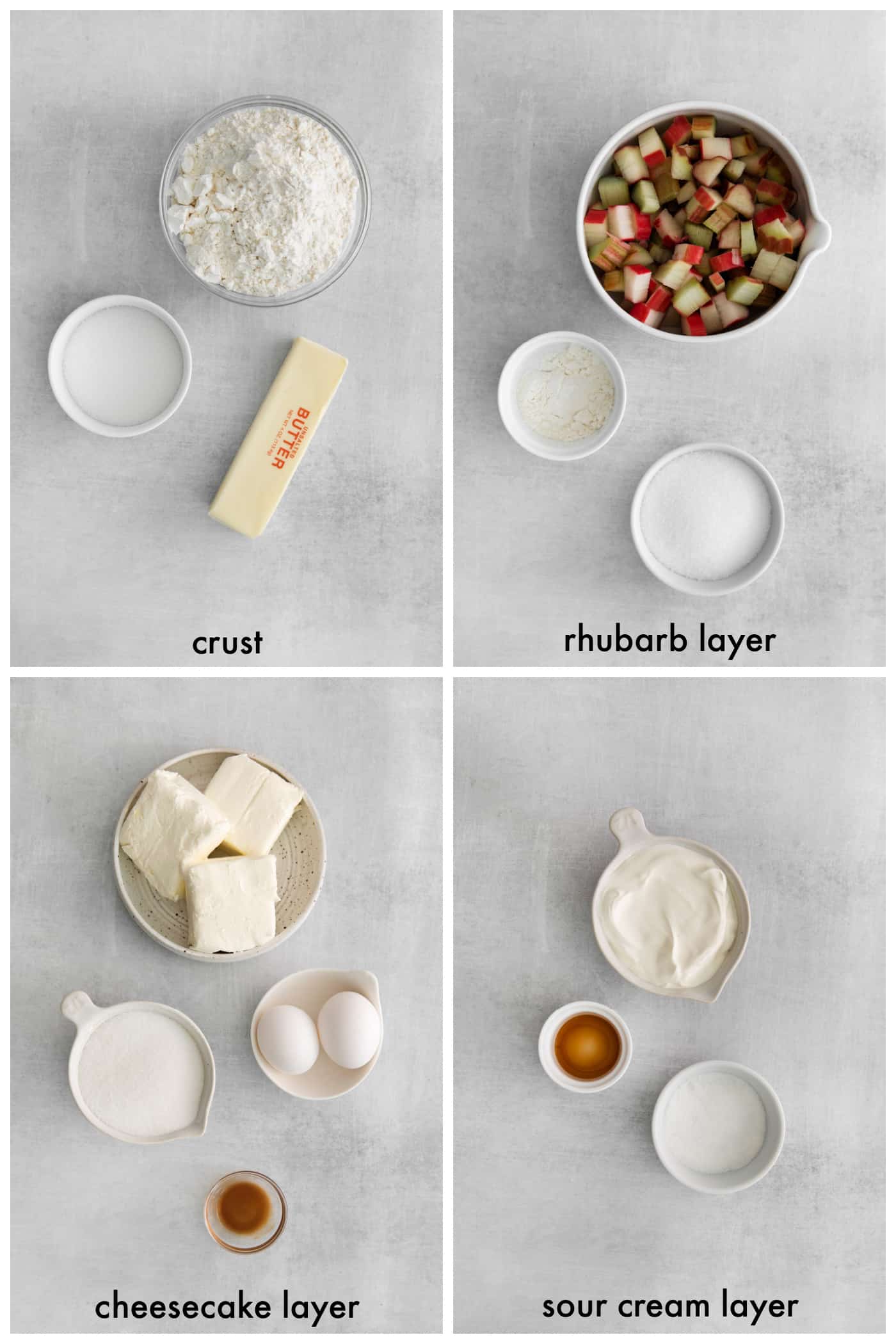a collage of photos showing ingredients needed for each layer of rhubarb cheesecake pie