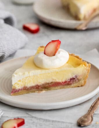 a piece of pie with cream cheese and rhubarb