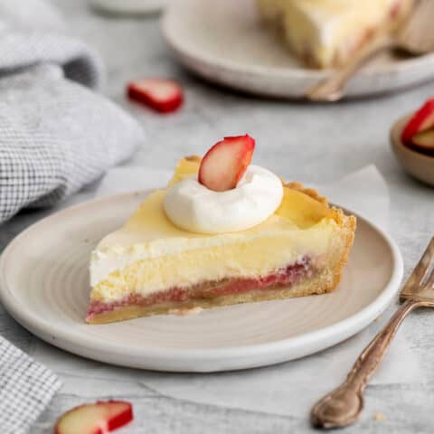 a piece of pie with cream cheese and rhubarb