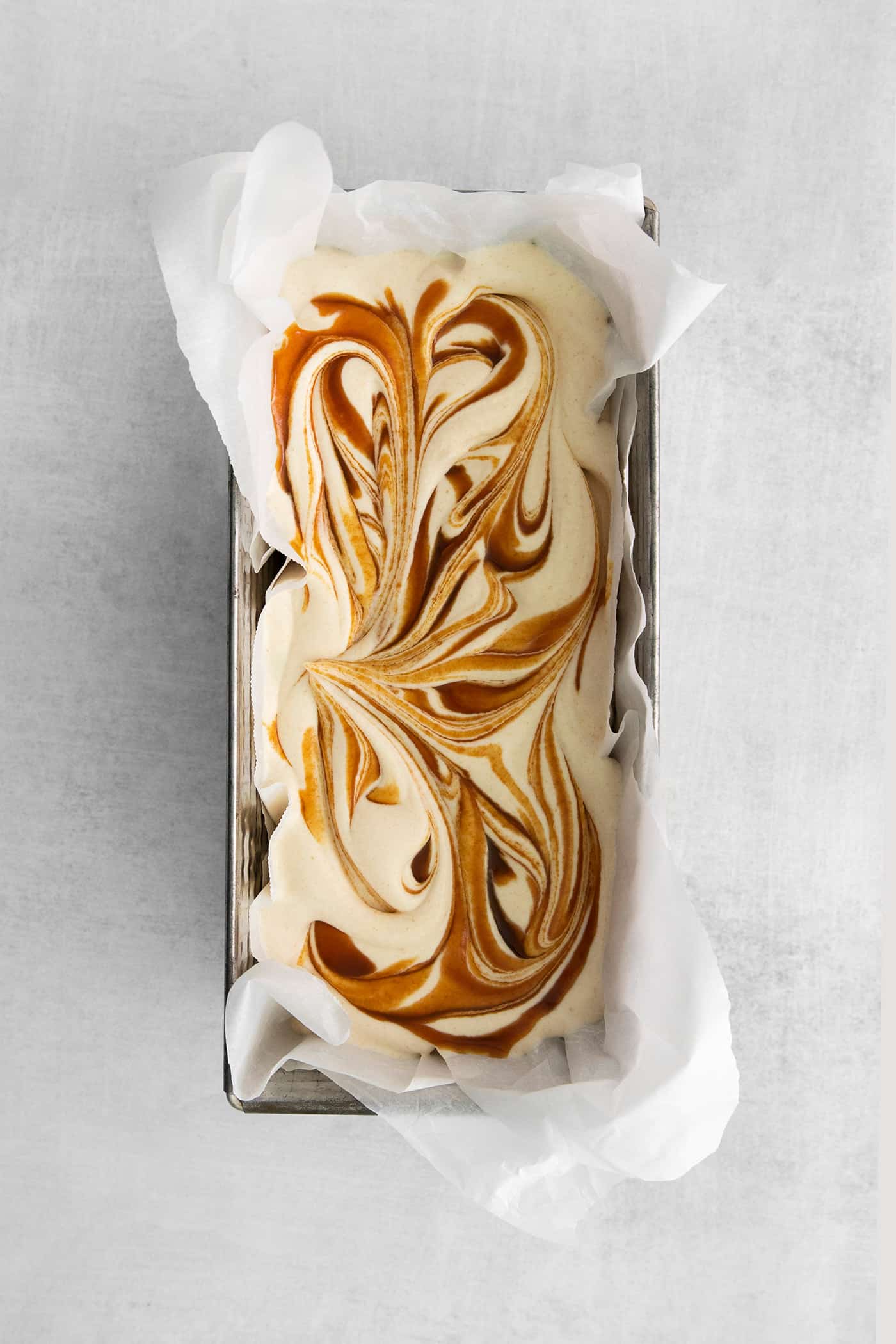 Salted caramel ice cream in a loaf pan