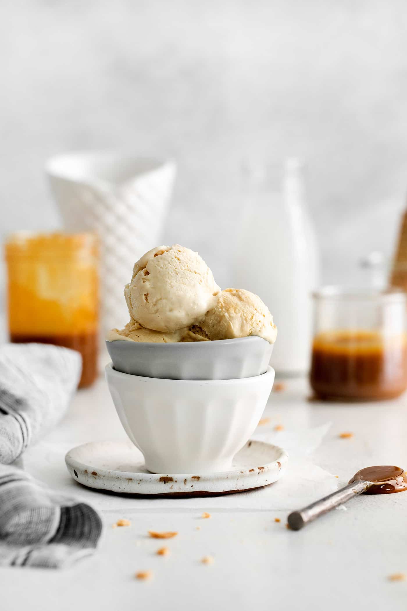 A bowl of scoops of homemade caramel ice cream