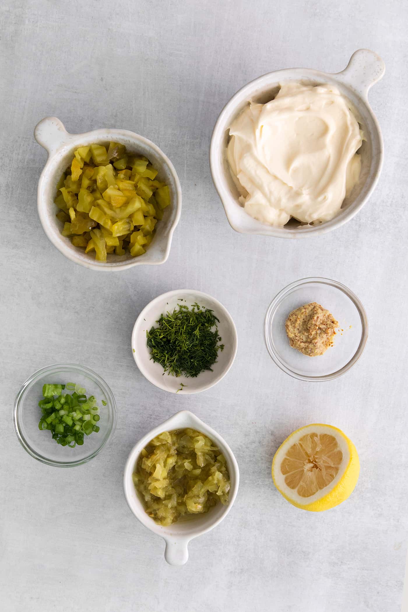 Overhead view of tartar sauce ingredients