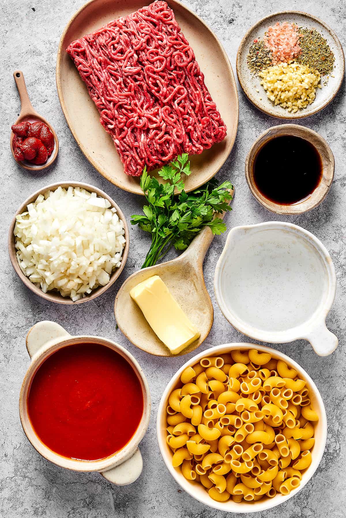 Overhead view of beefaroni ingredients