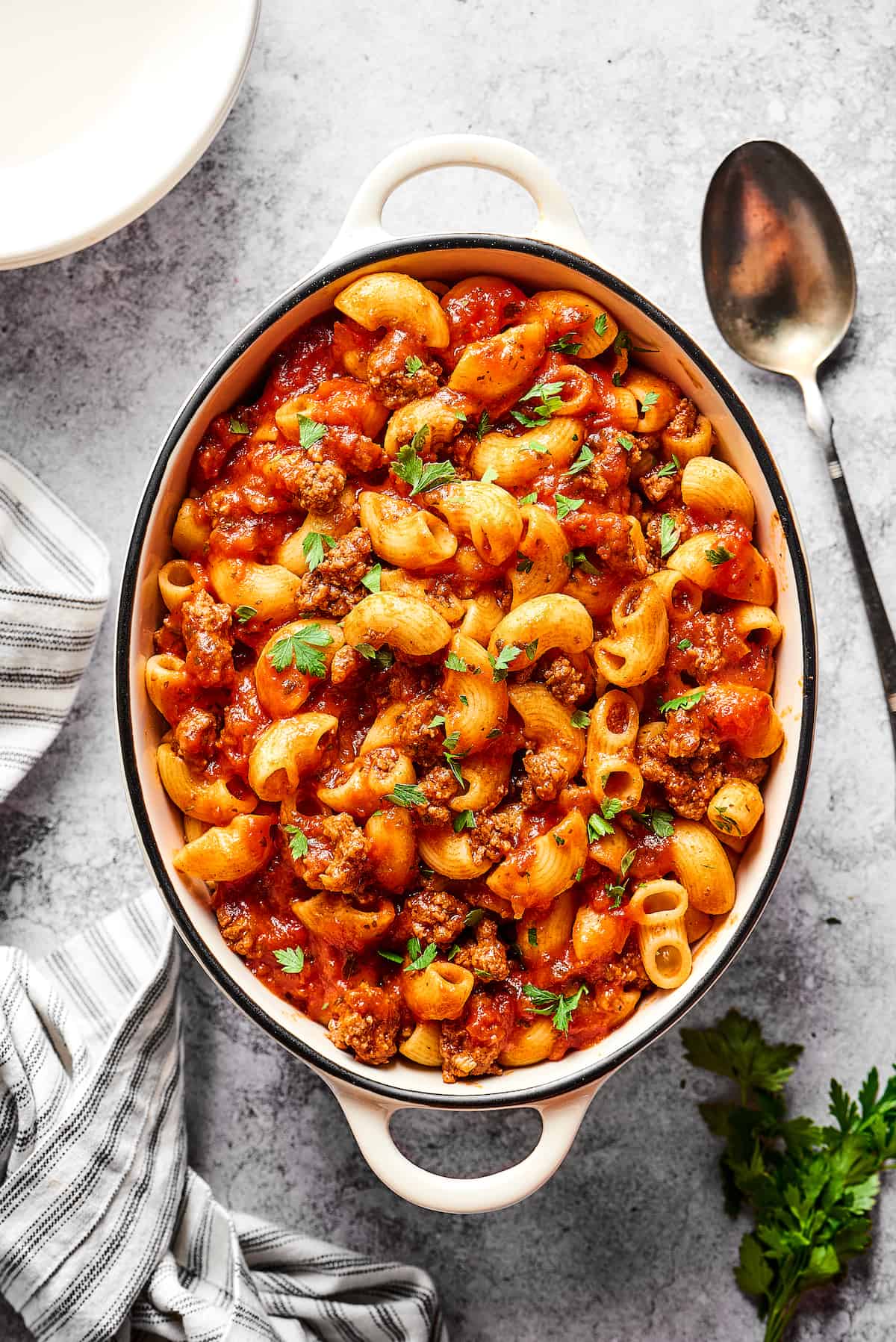 Overhead view of a dish of American goulash