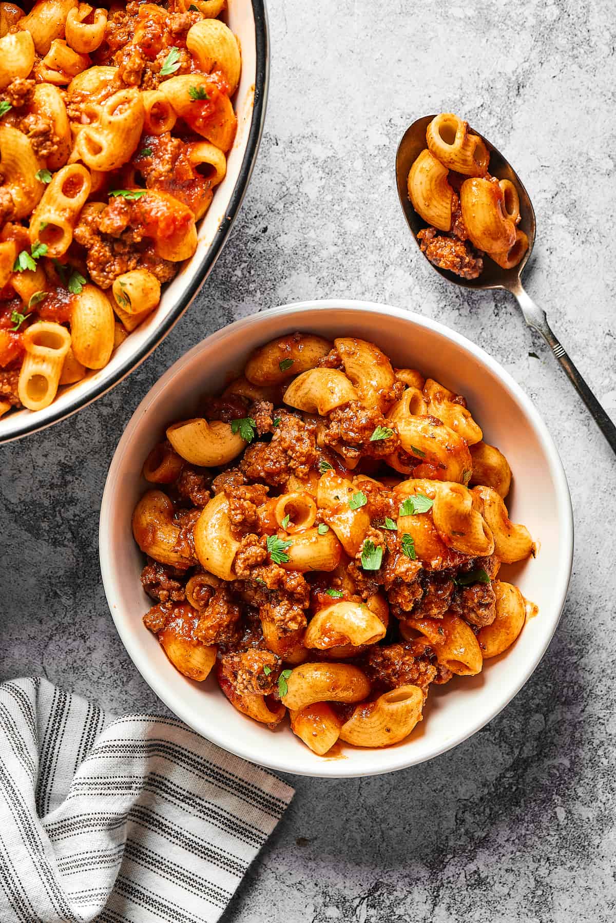 Overhead view of a bowl of beefaroni