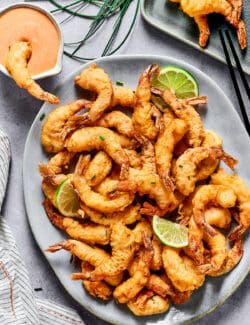 Overhead view of a plate of shrimp tempura