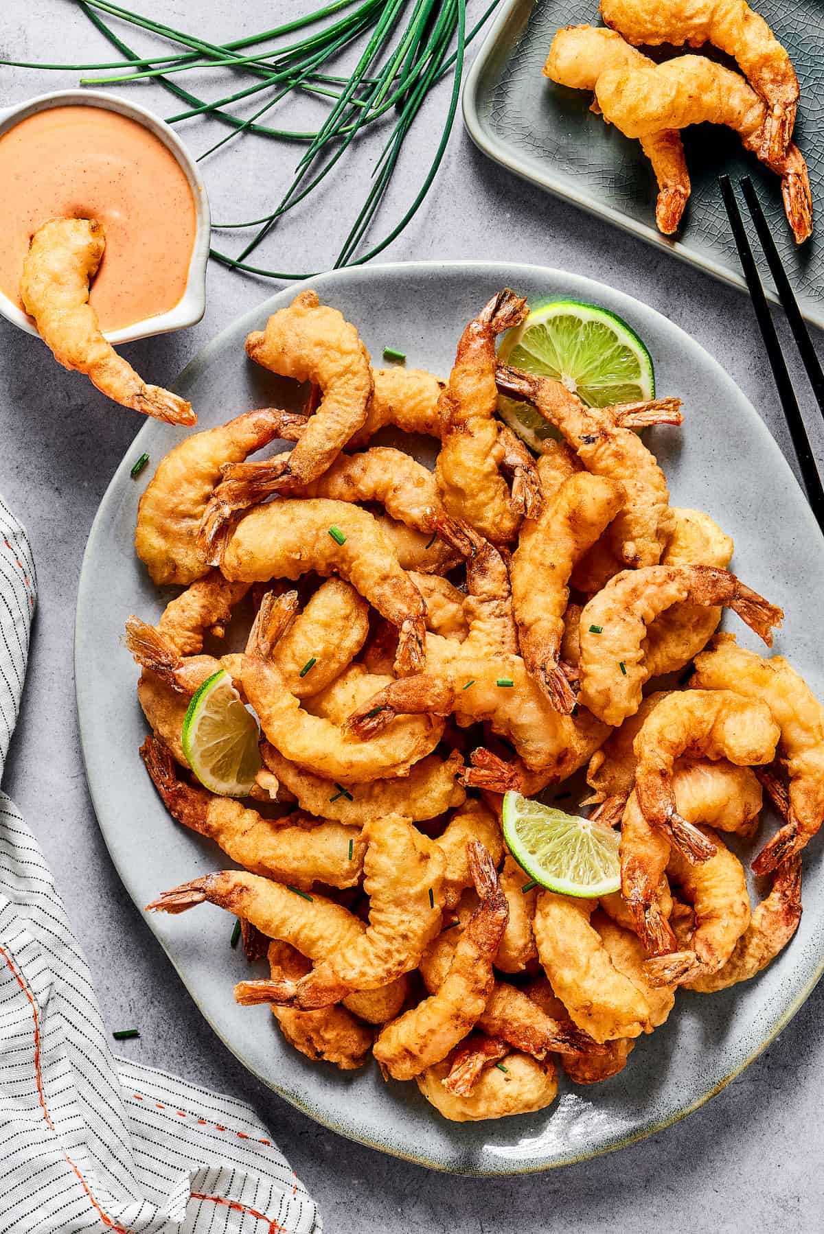 Overhead view of a plate of shrimp tempura