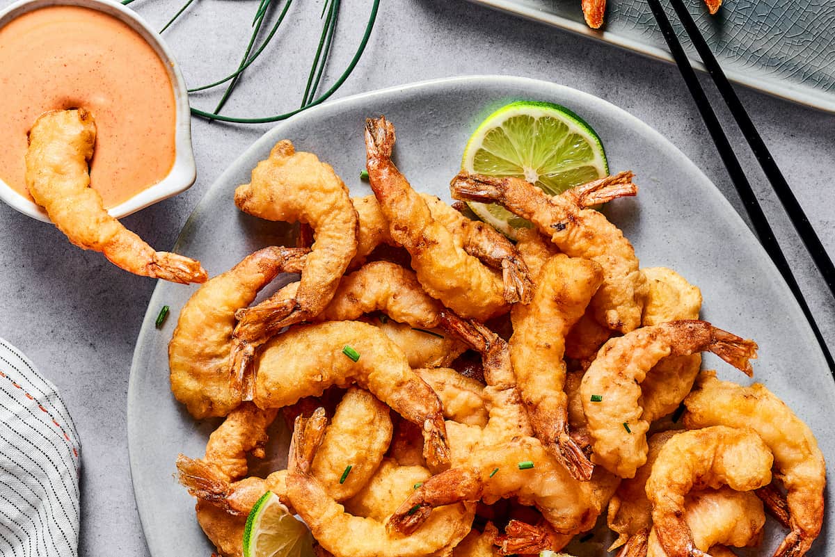 Overhead view of a plate of shrimp tempura