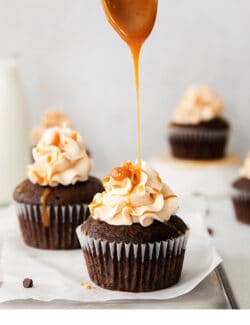 Pinterest image for chocolate cupcakes with salted caramel buttercream