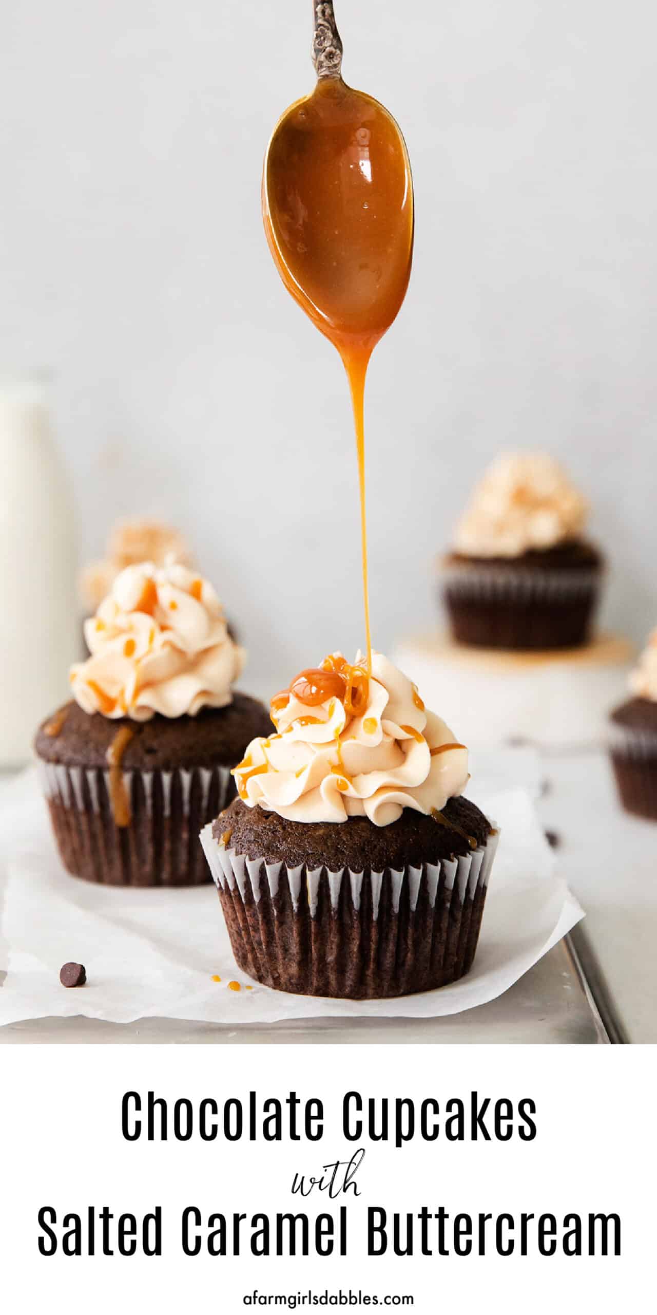 Pinterest image for chocolate cupcakes with salted caramel buttercream