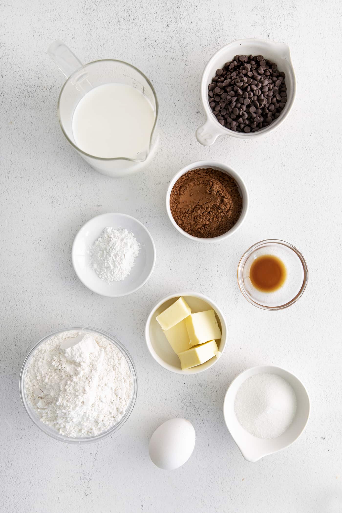 overhead view of chocolate pancake ingredients