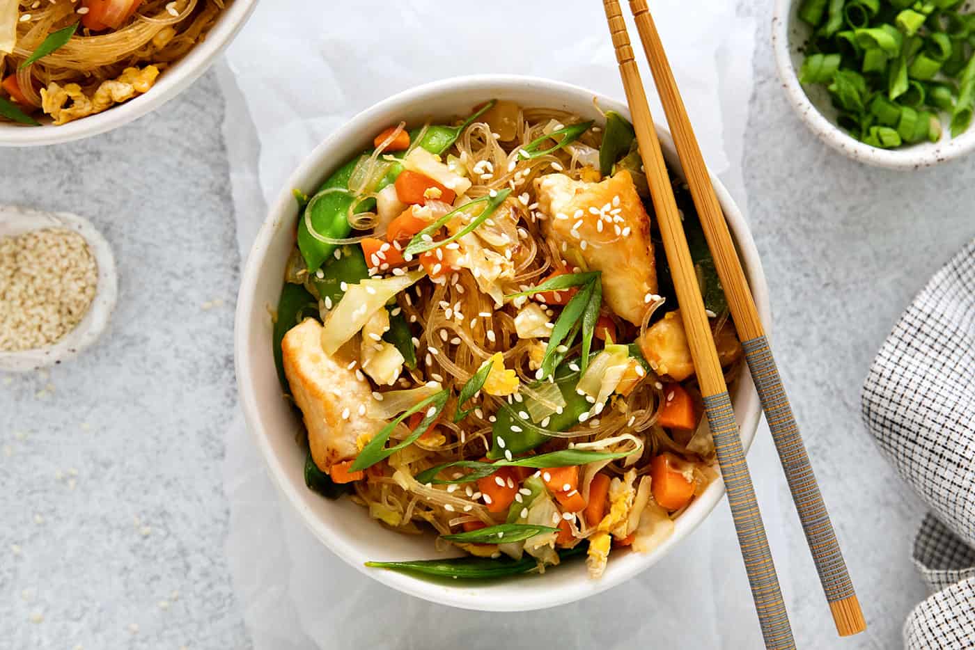 Overhead view of a bowl of pad woon sen