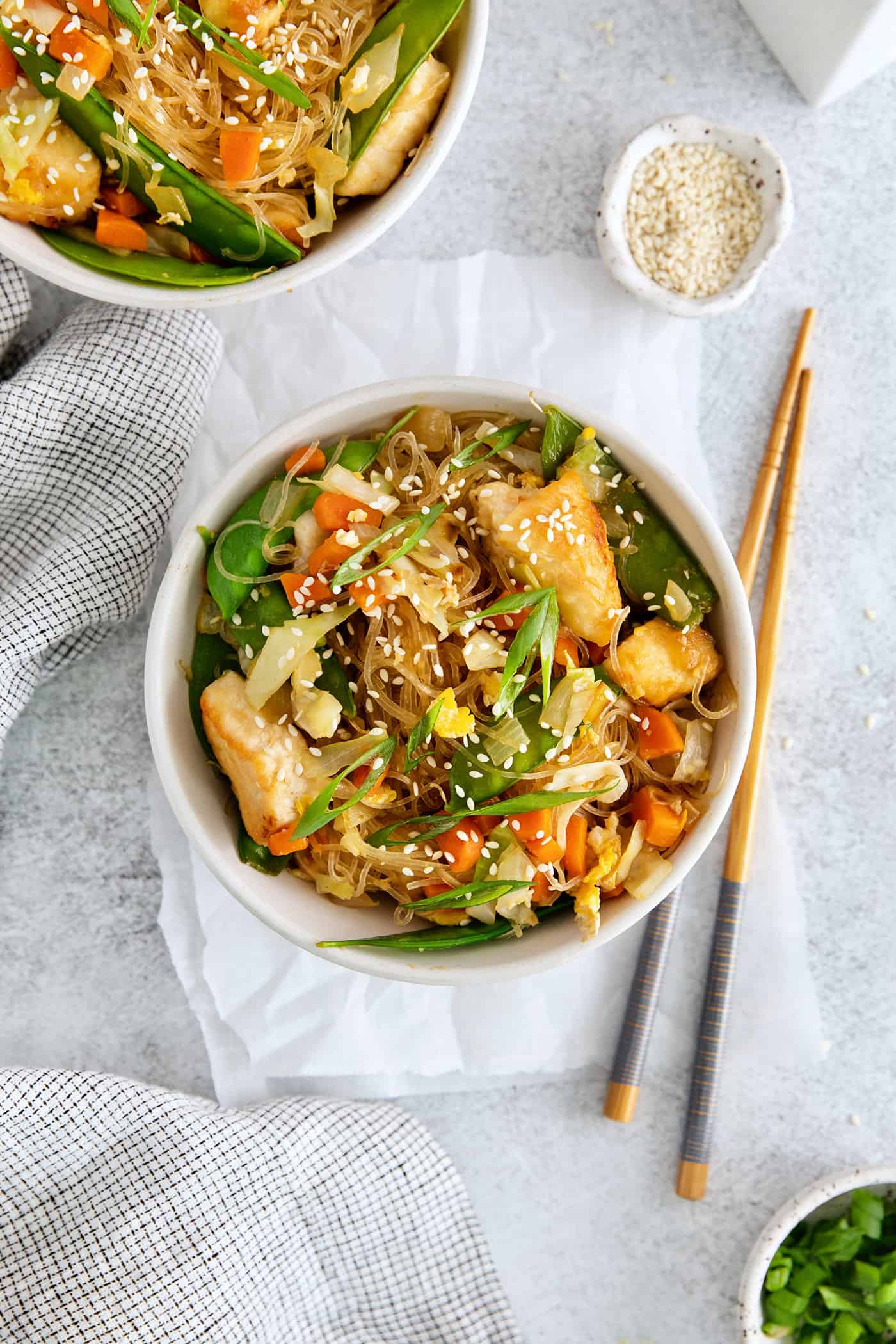 Overhead view of a bowl of Thai glass noodle stir fry