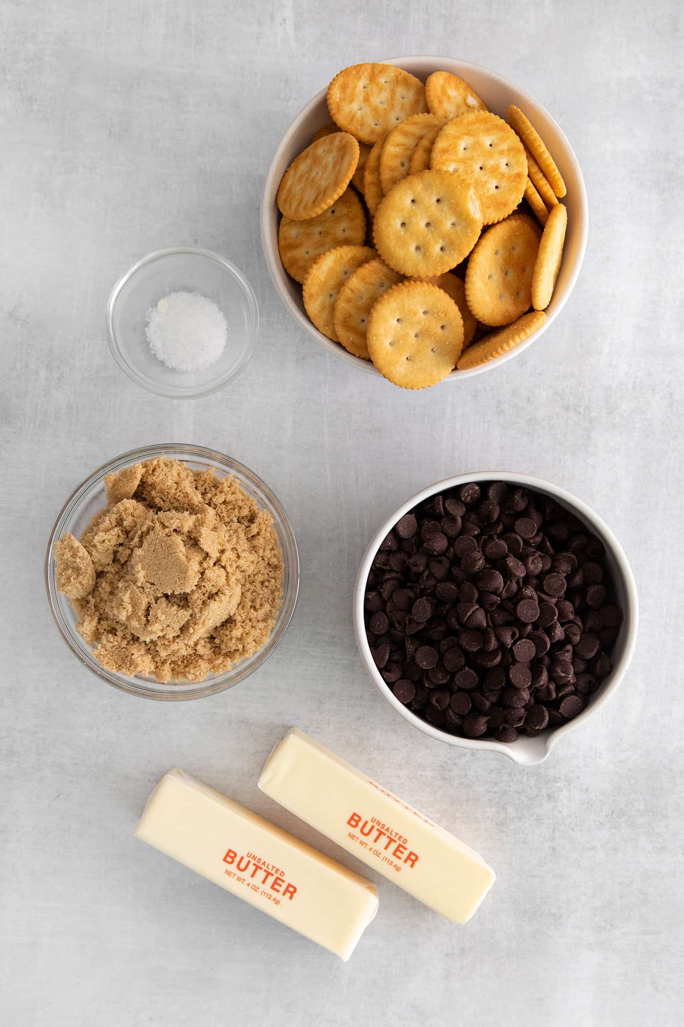 Overhead view of Ritz cracker toffee ingredients