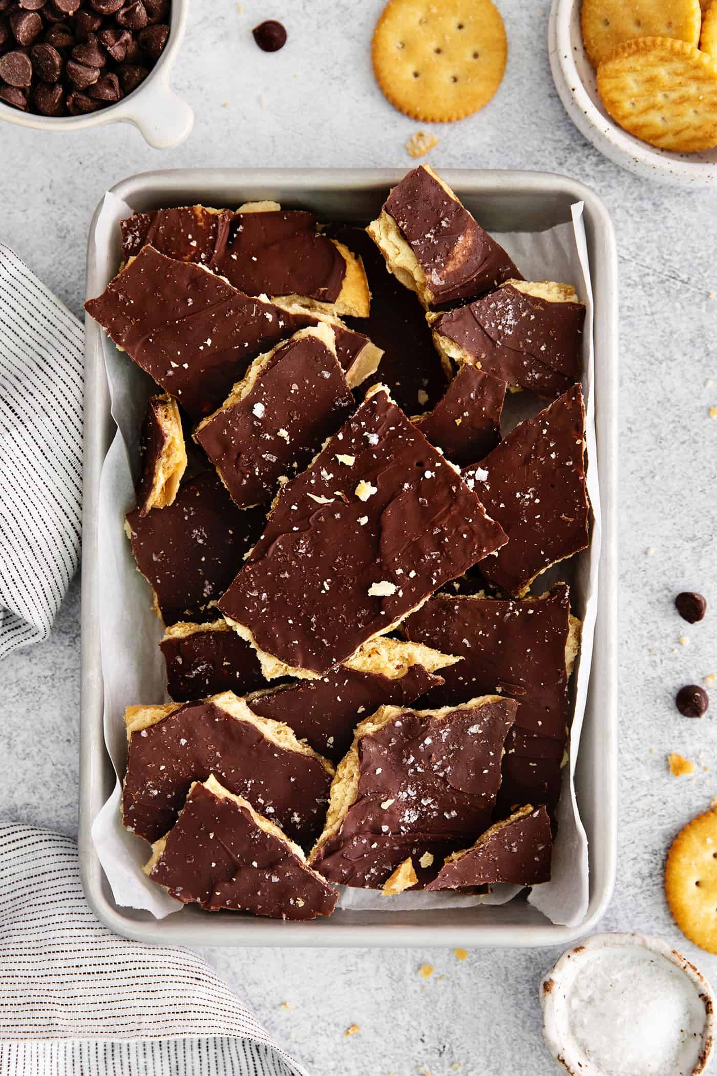 Ritz cracker toffee pieces in a pan