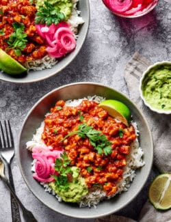 rice bowls with sofritas, guacamole, and pickled red onions