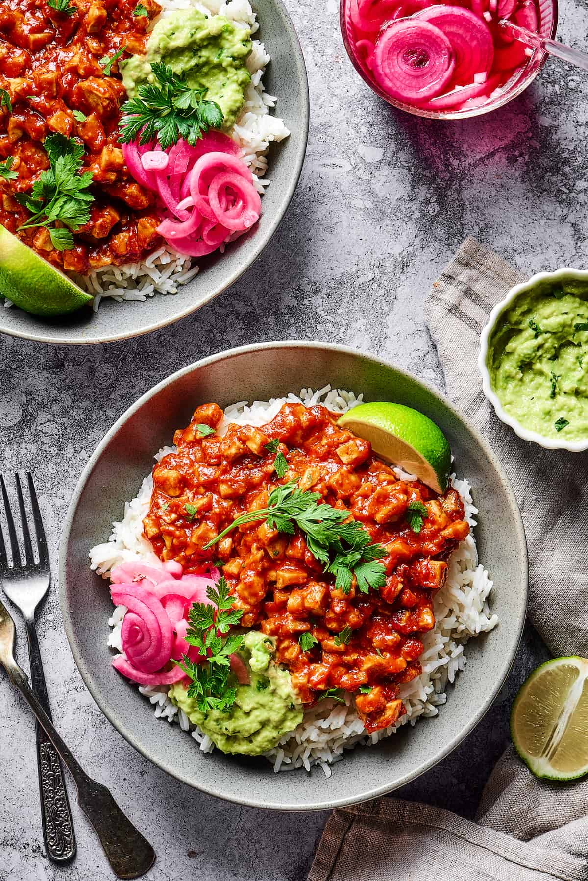 rice bowls with sofritas, guacamole, and pickled red onions