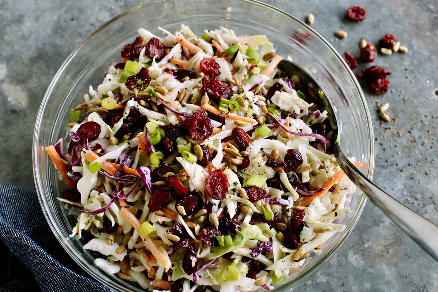 Overhead view of a bowl of cranberry coleslaw