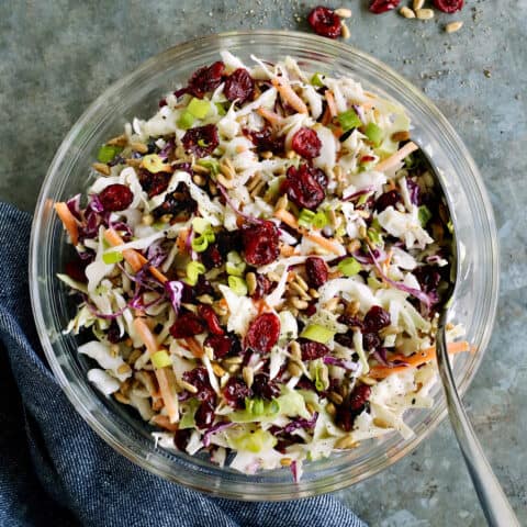 Overhead view of a bowl of cranberry coleslaw