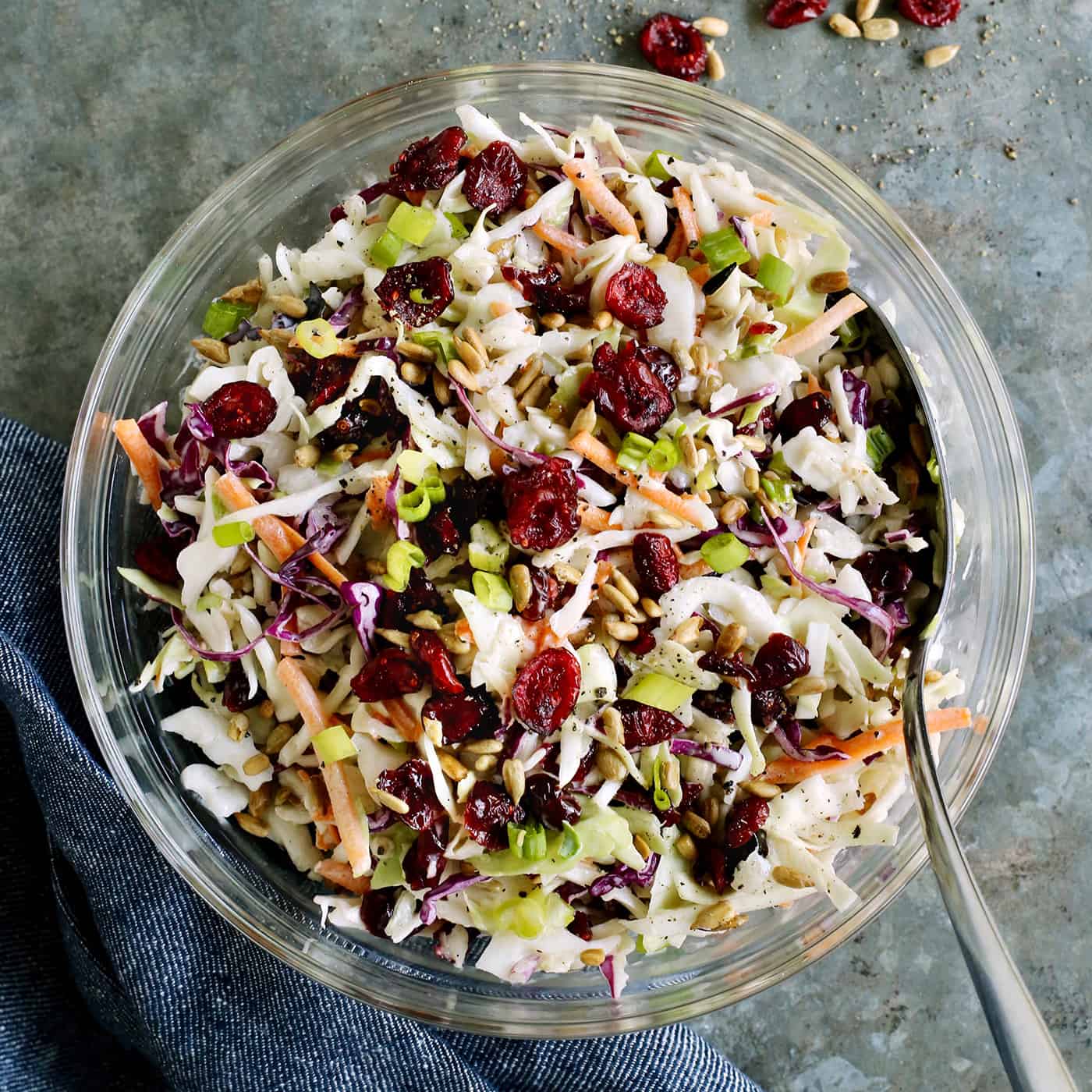 Overhead view of a bowl of cranberry coleslaw