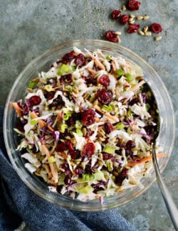 Overhead view of a bowl of cranberry coleslaw