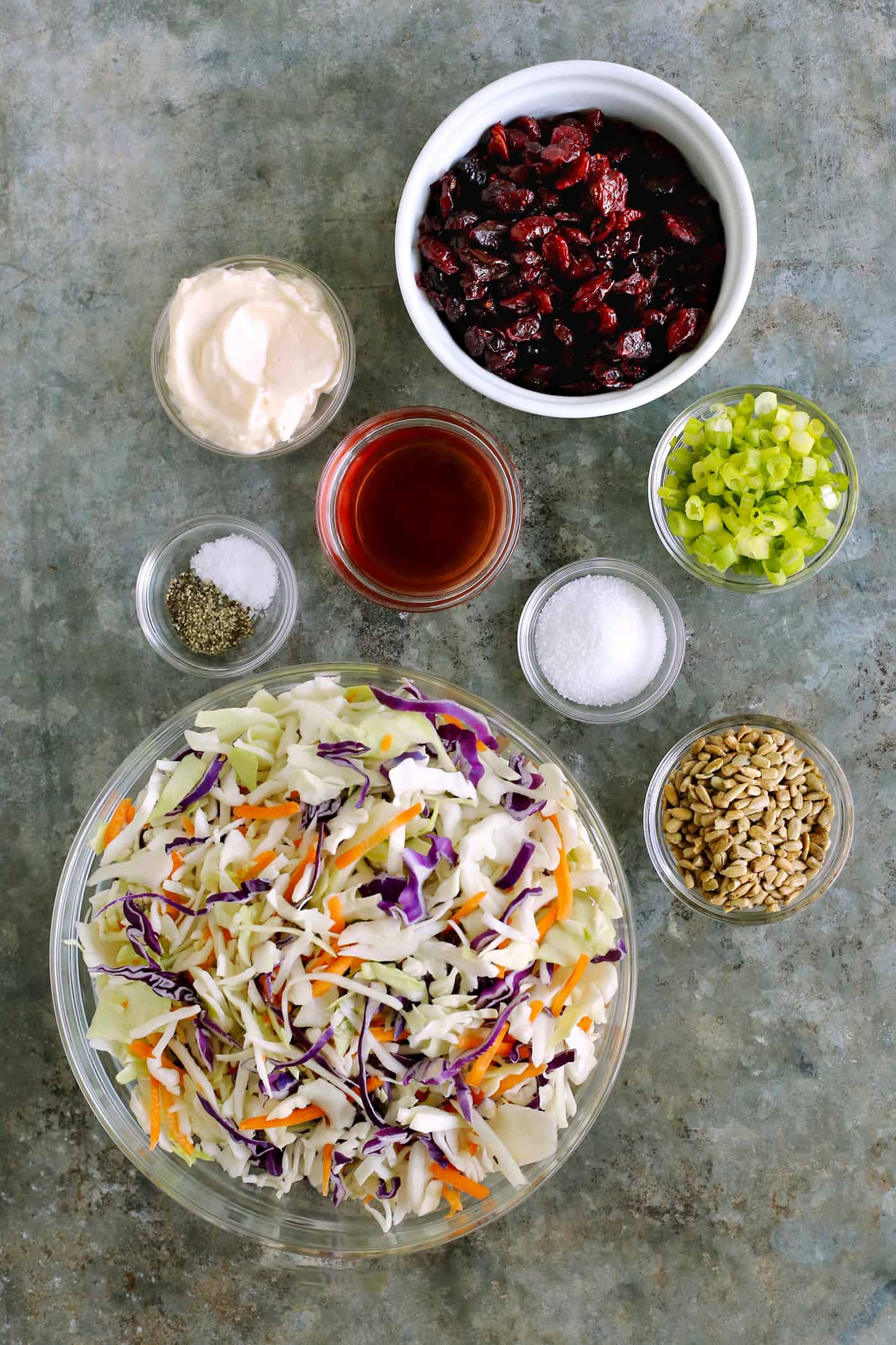 Overhead view of cranberry coleslaw ingredients