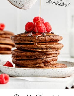 Pinterest image for double chocolate pancakes