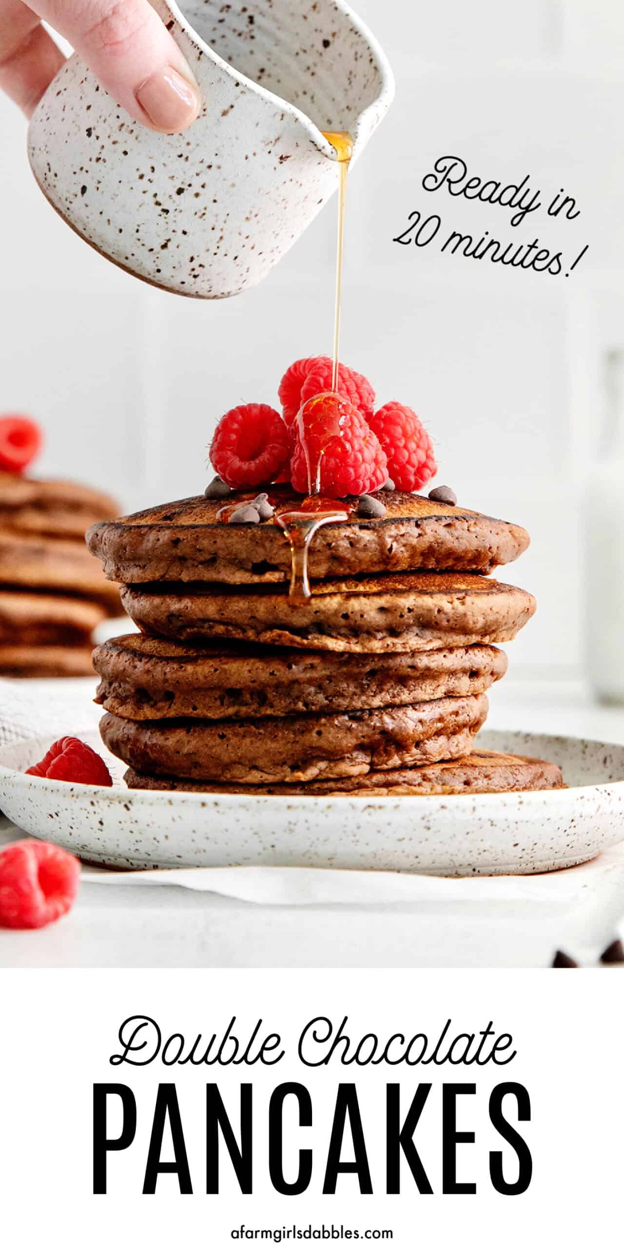 Pinterest image for double chocolate pancakes
