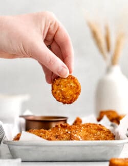 A hand holding a round of fried squash