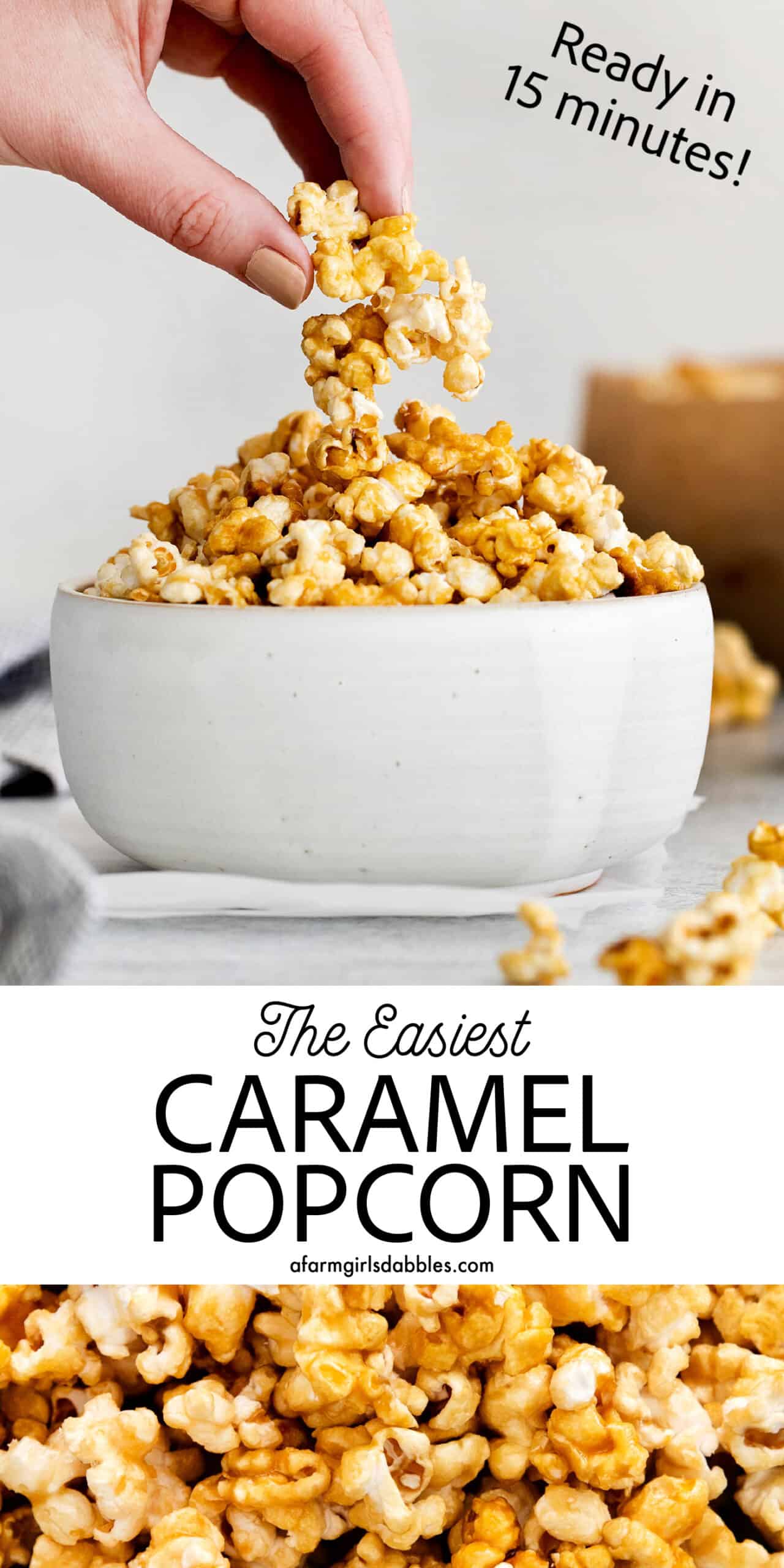 Pinterest image for microwave caramel popcorn