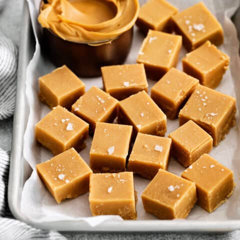 Overhead view of pieces of peanut butter fudge