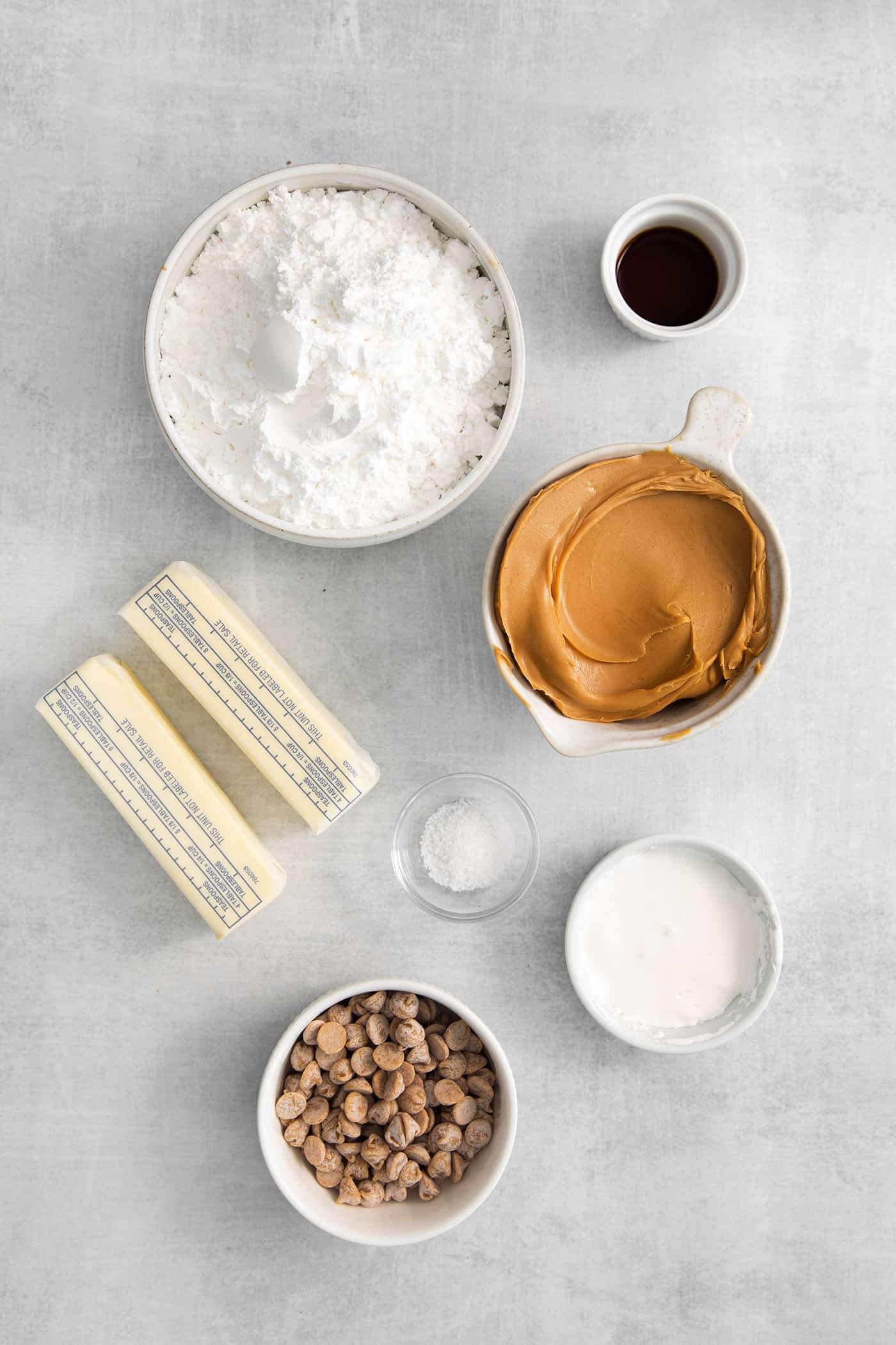 Overhead view of peanut butter fudge ingredients