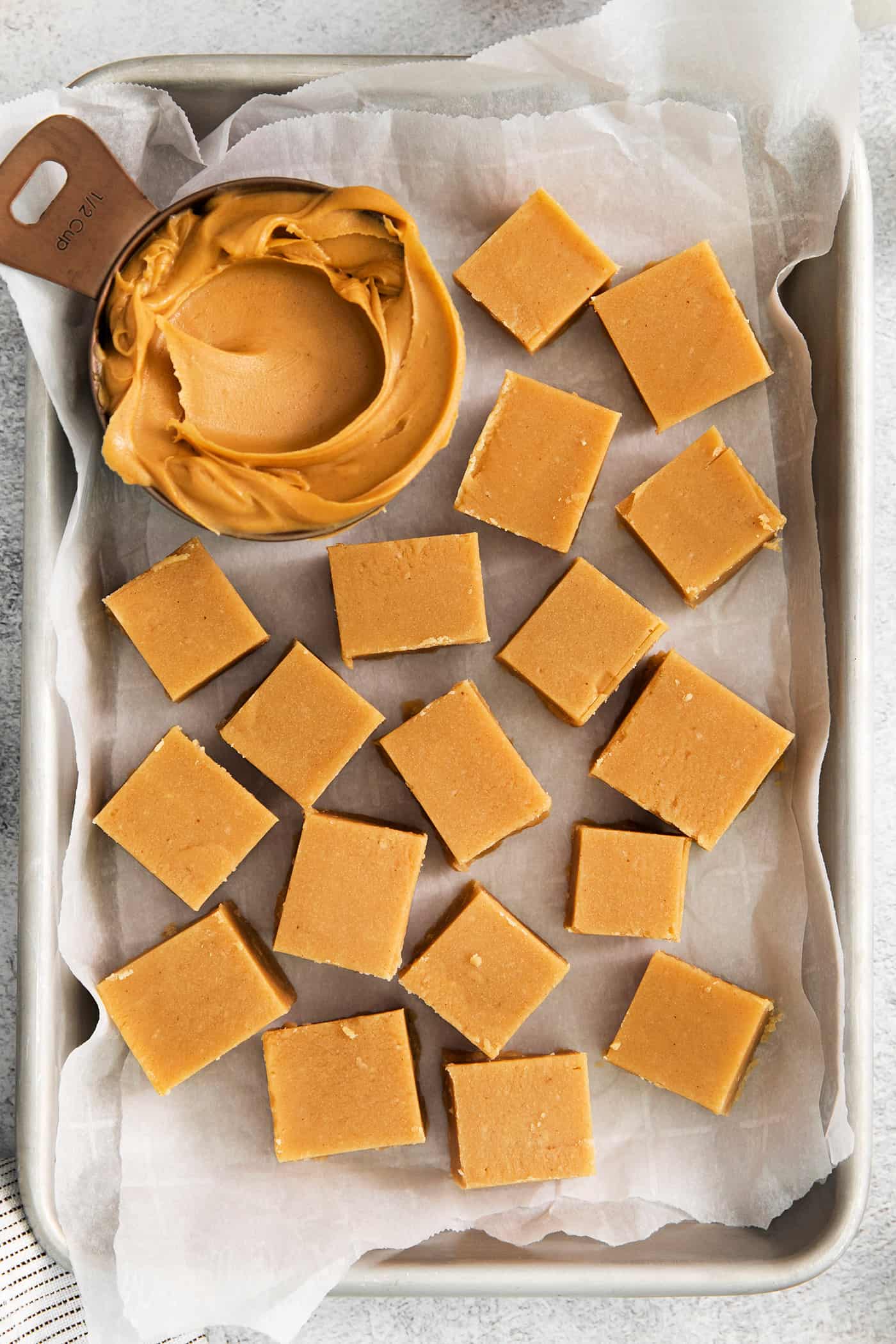 Overhead view of pieces of peanut butter fudge