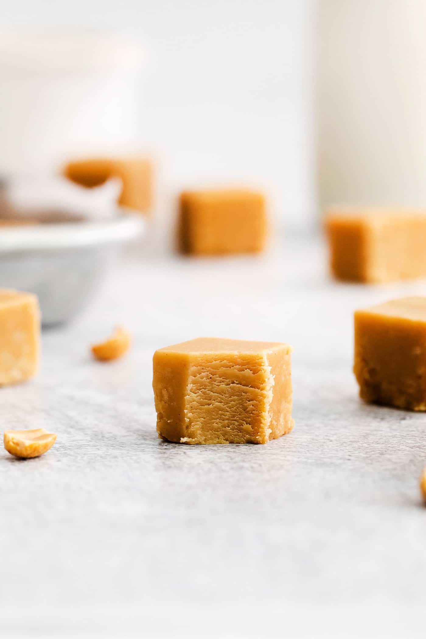 A side view of a piece of fudge with a bite missing