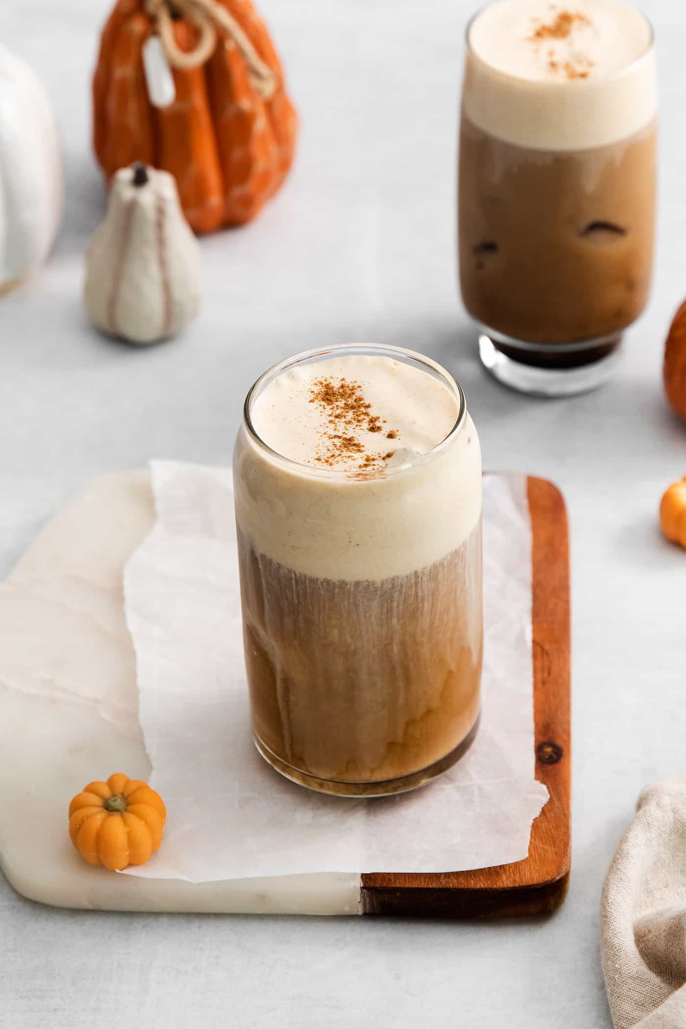 Angled view of a pumpkin cream cold brew