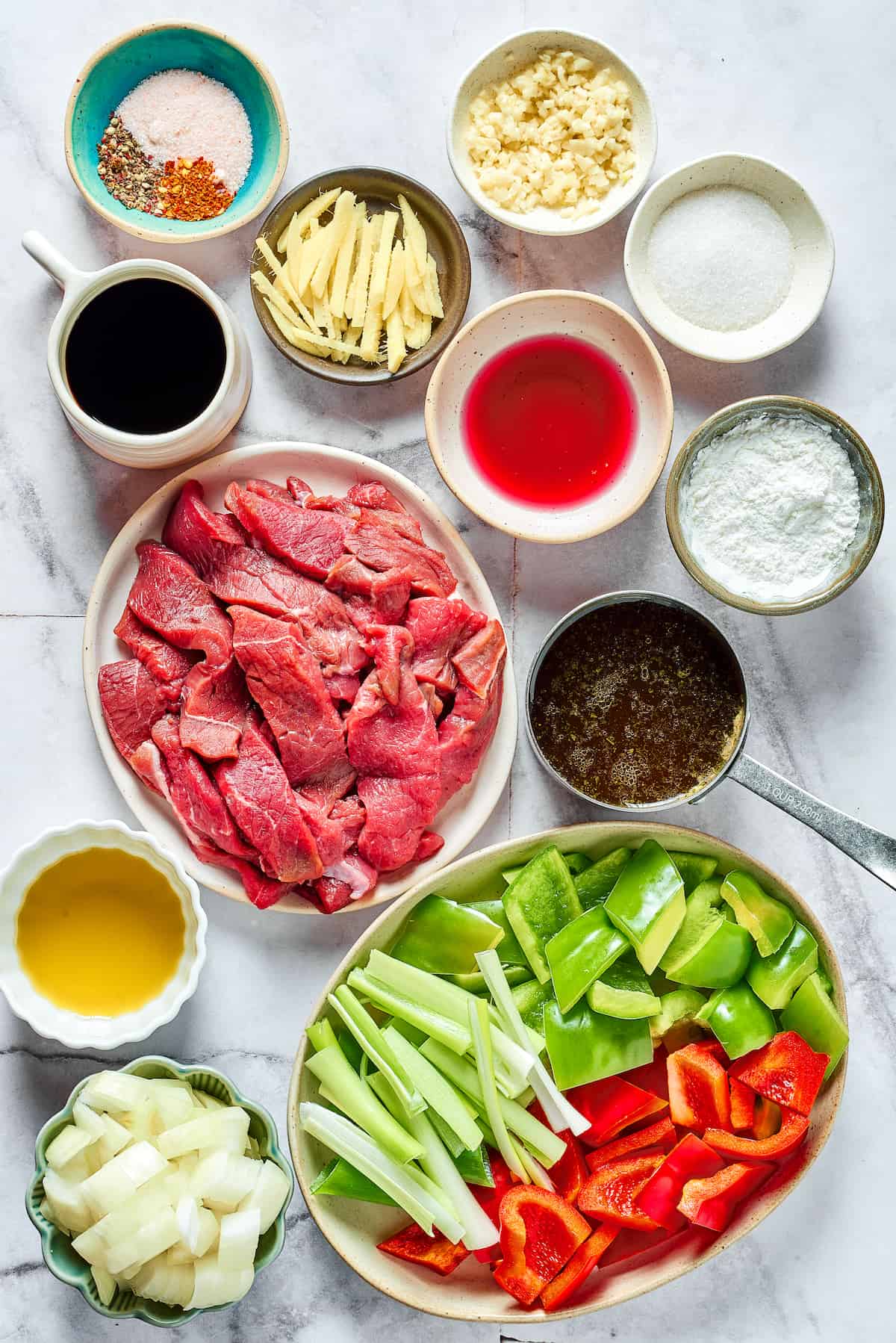 Overhead view of Hunan beef ingredients
