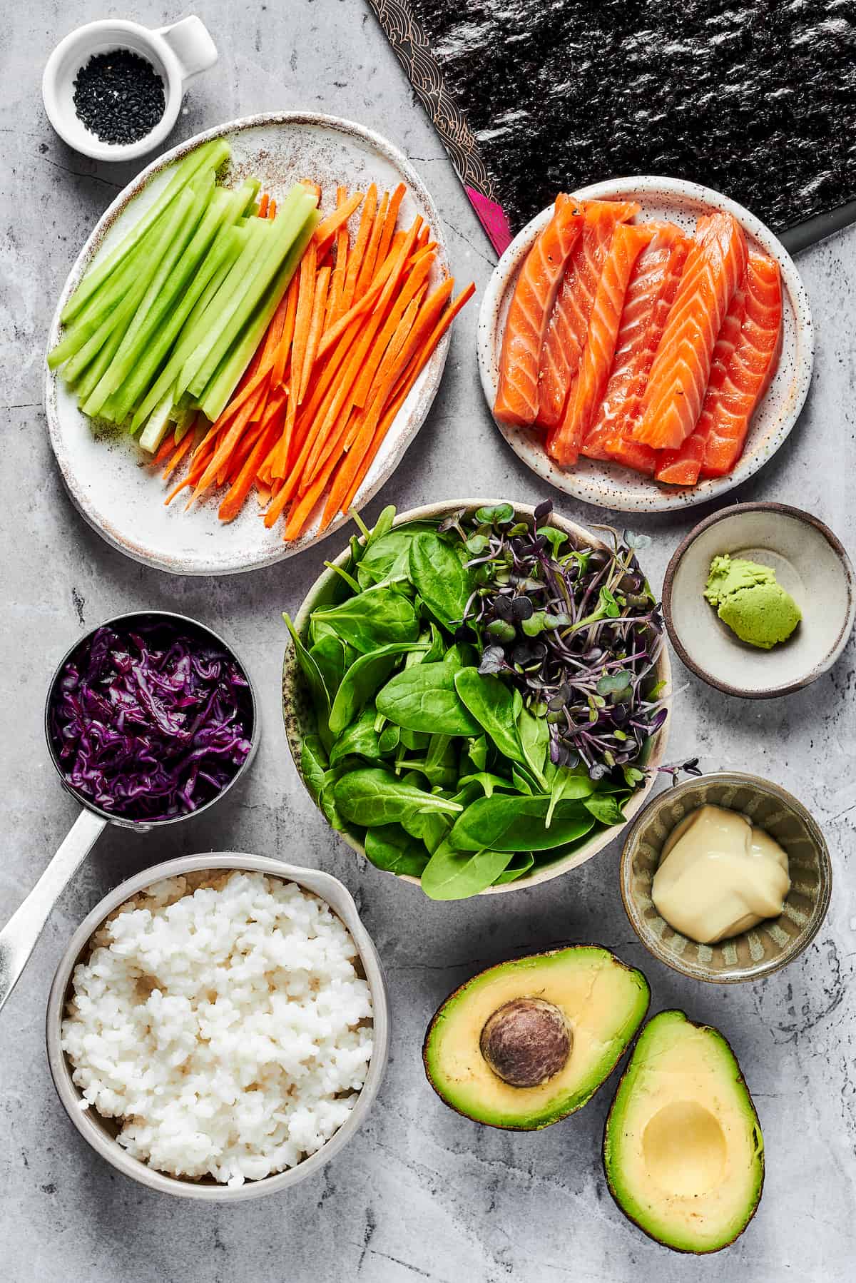 Overhead view of sushi burrito ingredients