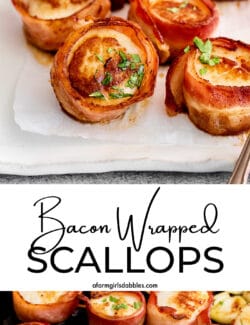 Pinterest image for bacon wrapped scallops