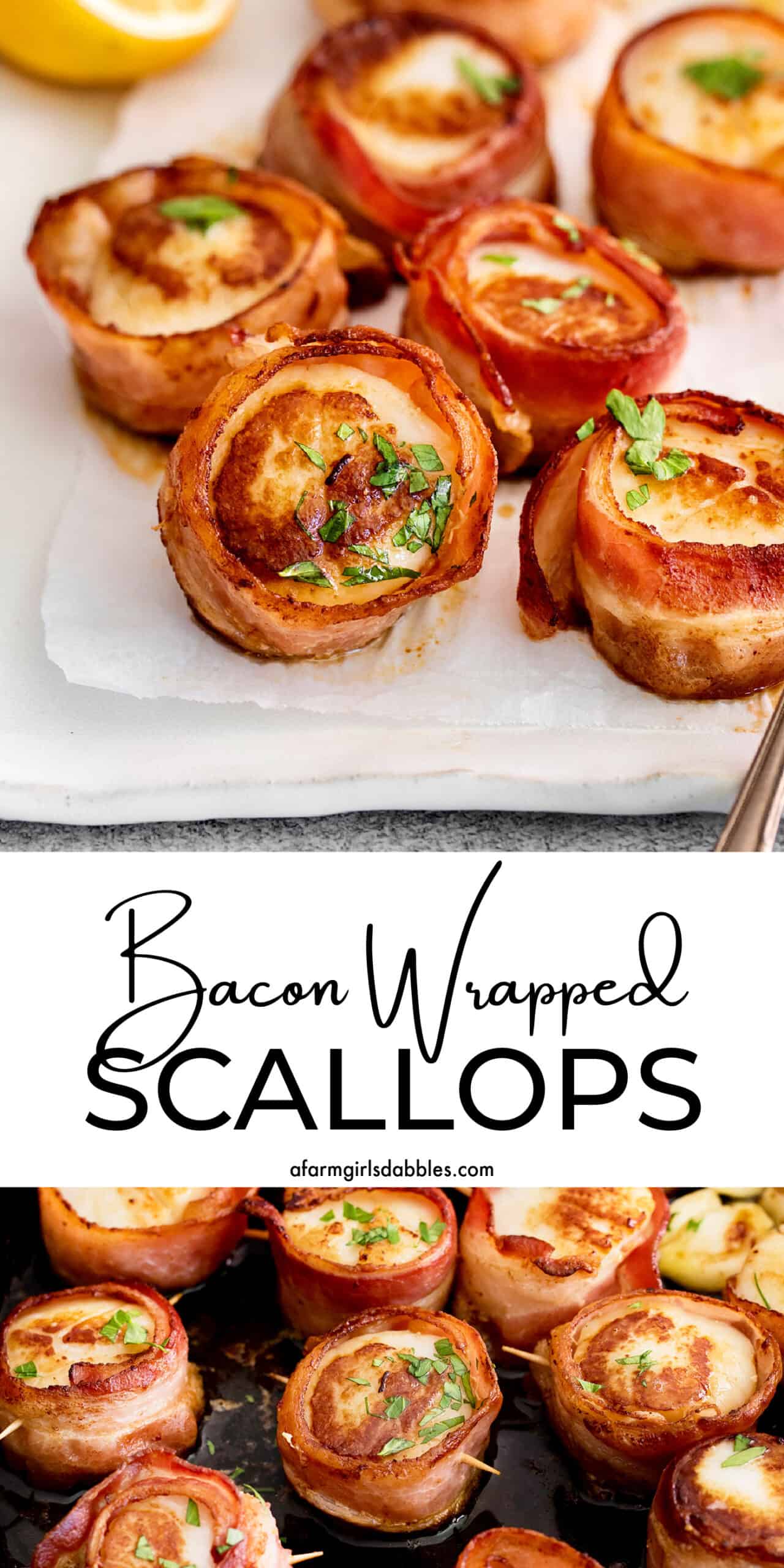 Pinterest image for bacon wrapped scallops