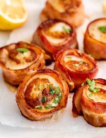 Overhead view of bacon wrapped scallops