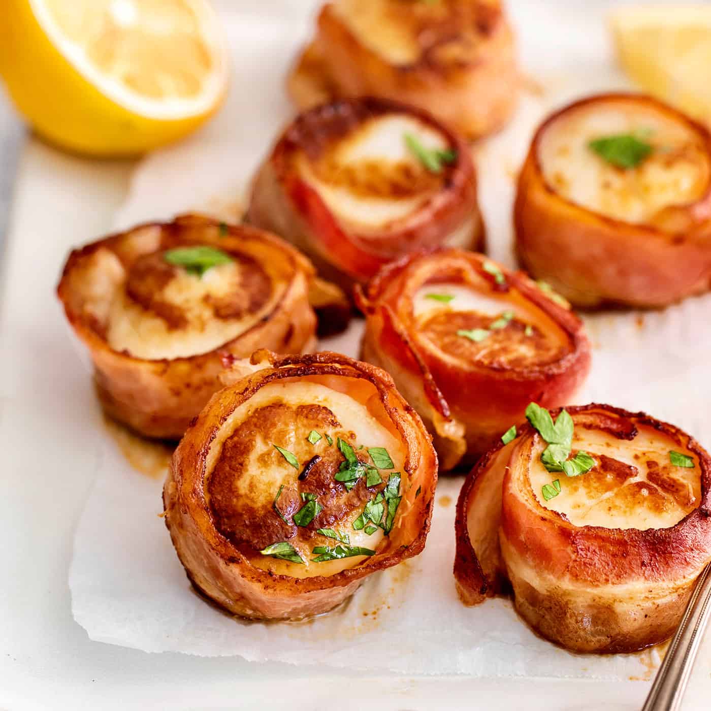 Overhead view of bacon wrapped scallops