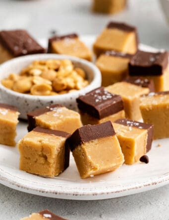 Chocolate peanut butter fudge on a white plate