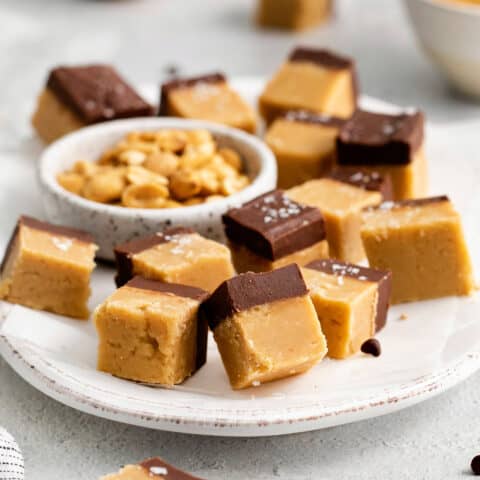 Chocolate peanut butter fudge on a white plate