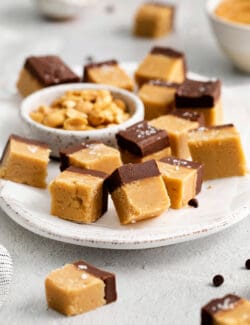 Chocolate peanut butter fudge on a white plate