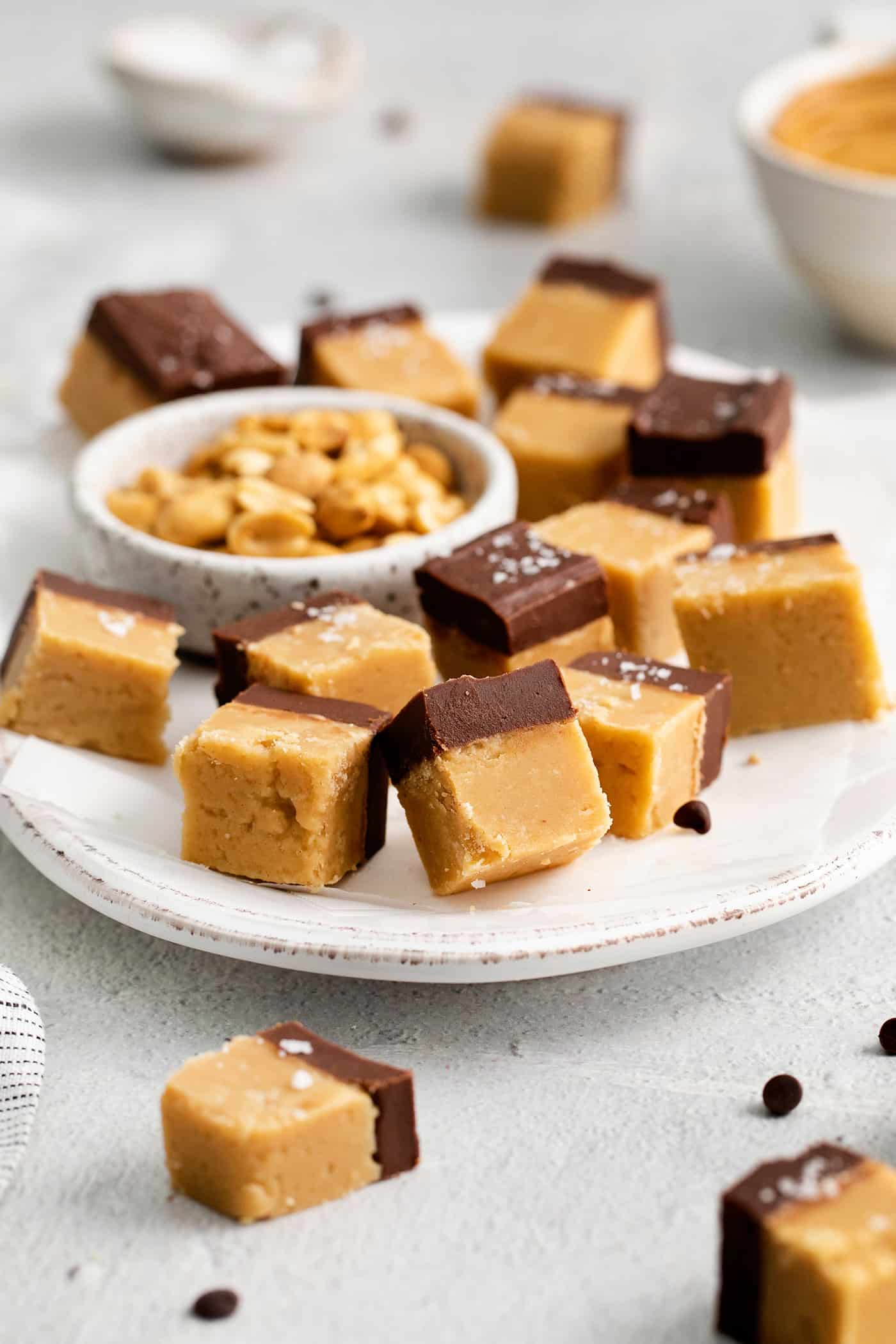 Chocolate peanut butter fudge on a white plate