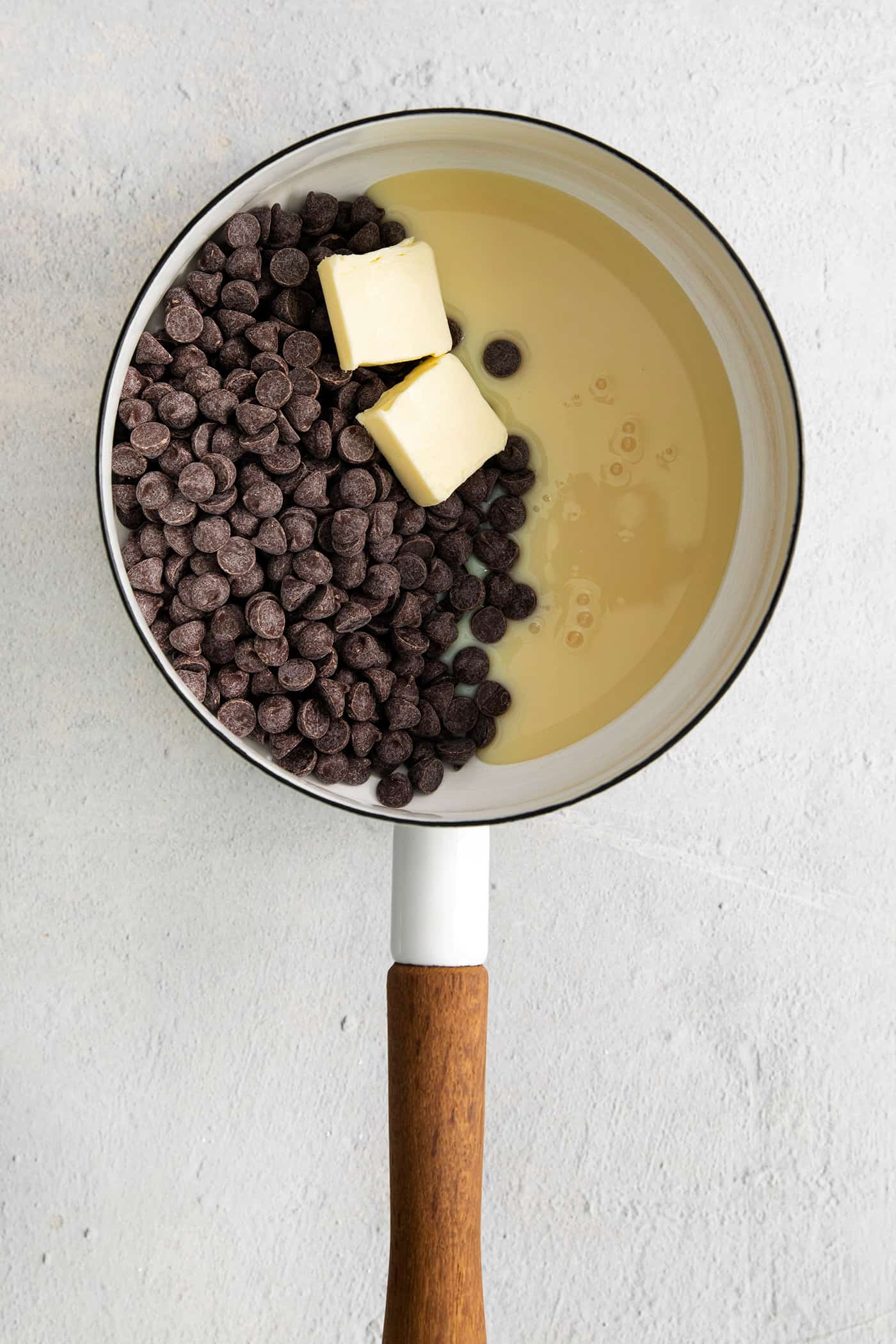 Chocolate chips, condensed milk, and butter in a saucepan