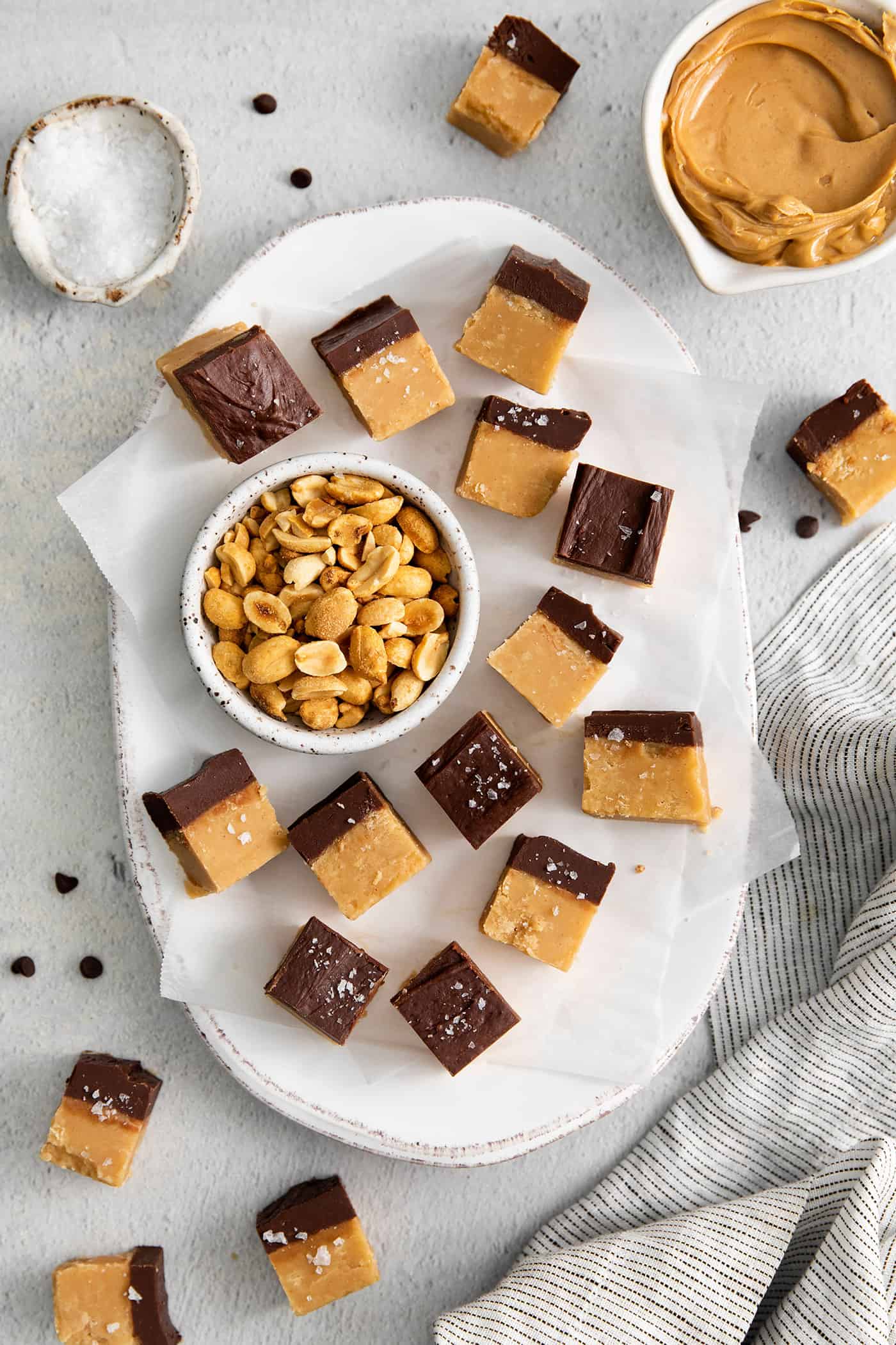 Overhead view of pieces of chocolate peanut butter fudge